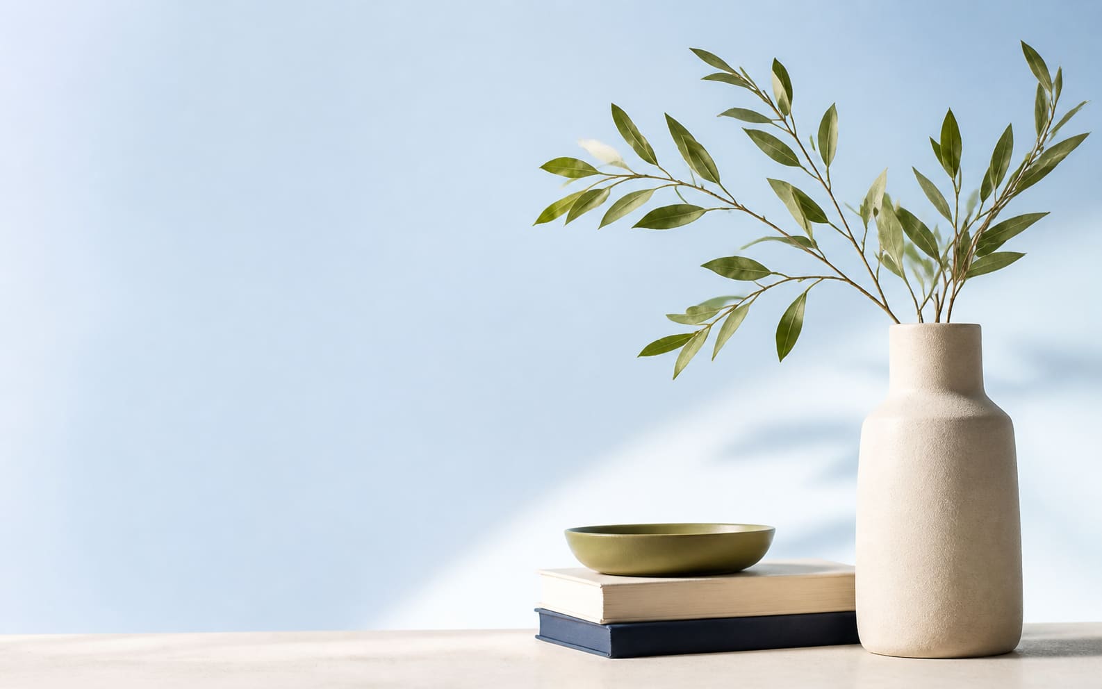 A ceramic vase and a leafy olive branch resting on a stack of books in soft morning daylight